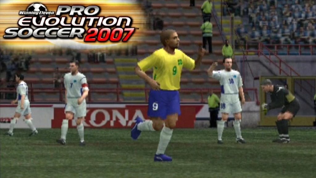 PES 2007 com uma imagem de Adriano Imperador após marcar um gol na Argentina