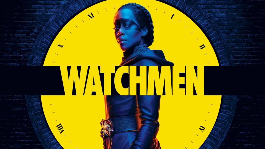 Pôster da minissérie da HBO, Watchmen, com a personagem Sister Night centralizada,