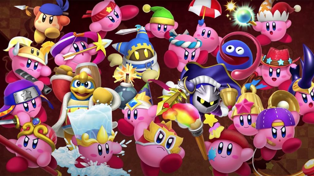 Capa do Kirby Fighters 2, mostrando os personagens presentes no jogo como Kirby com suas diversas habilidades de cópia, Meta Knight e King Dedede.